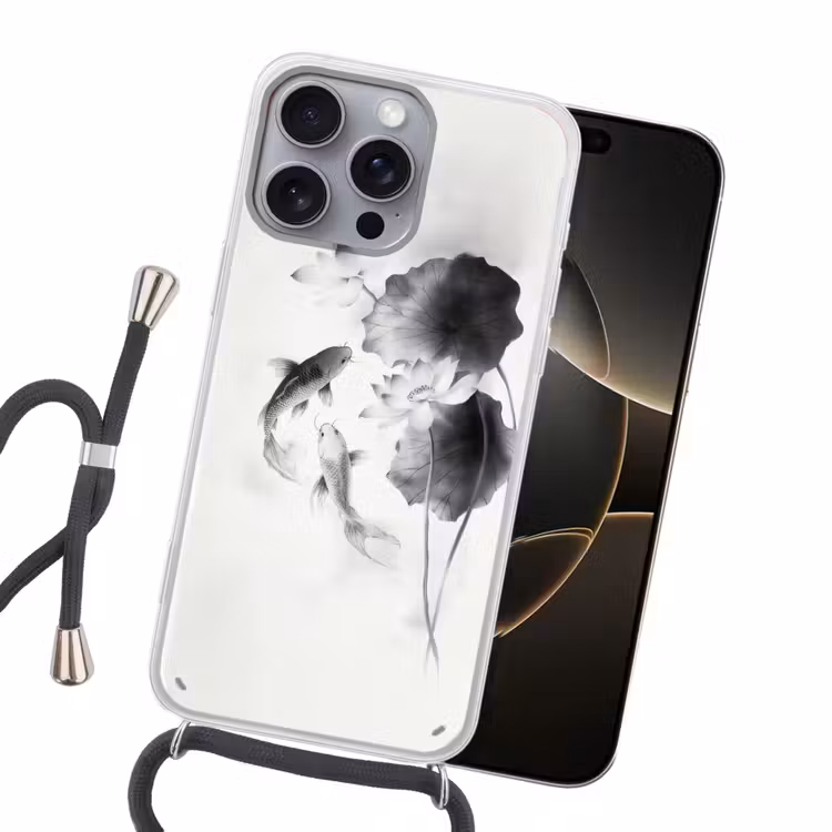 Lotusbloemen - Vissen - Bladeren - Zwart Hoesje iPhone 16 Pro Max met koord klein -sfeer1