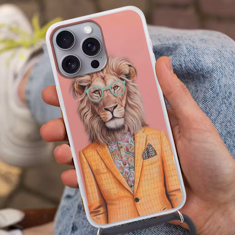 Leeuw - Pak - Geruit - Bril Hoesje iPhone 16 Pro Max met koord klein -sfeer3