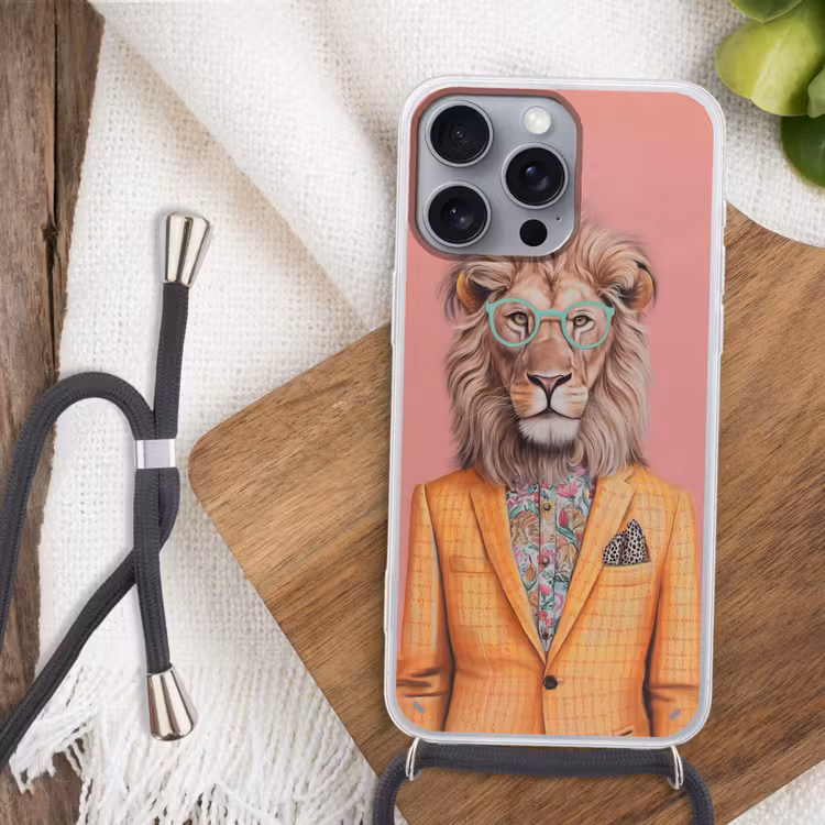 Leeuw - Pak - Geruit - Bril Hoesje iPhone 16 Pro Max met koord klein -sfeer4