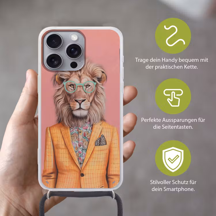 Leeuw - Pak - Geruit - Bril Hoesje iPhone 16 Pro Max met koord klein -sfeer2_DE