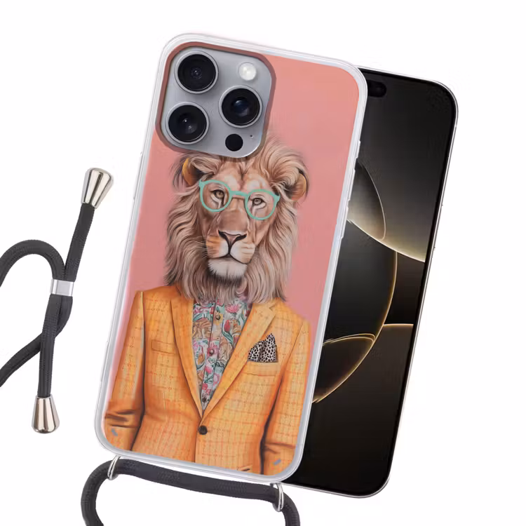 Leeuw - Pak - Geruit - Bril Hoesje iPhone 16 Pro Max met koord klein -sfeer1