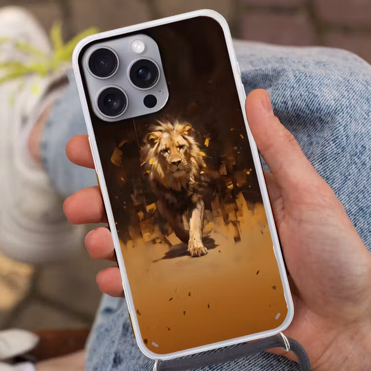 Leeuw - Geschilderd - Abstract - Goud Hoesje iPhone 16 Pro Max met koord klein -sfeer3