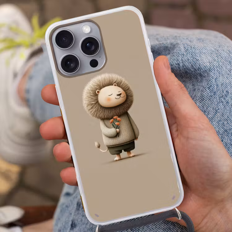 Leeuw - Oranje bloemen - Vriendelijk Hoesje iPhone 16 Pro Max met koord klein -sfeer3