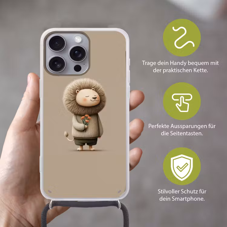 Leeuw - Oranje bloemen - Vriendelijk Hoesje iPhone 16 Pro Max met koord klein -sfeer2_DE