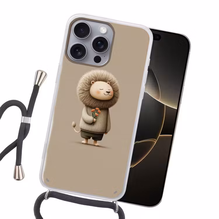 Leeuw - Oranje bloemen - Vriendelijk Hoesje iPhone 16 Pro Max met koord klein -sfeer1