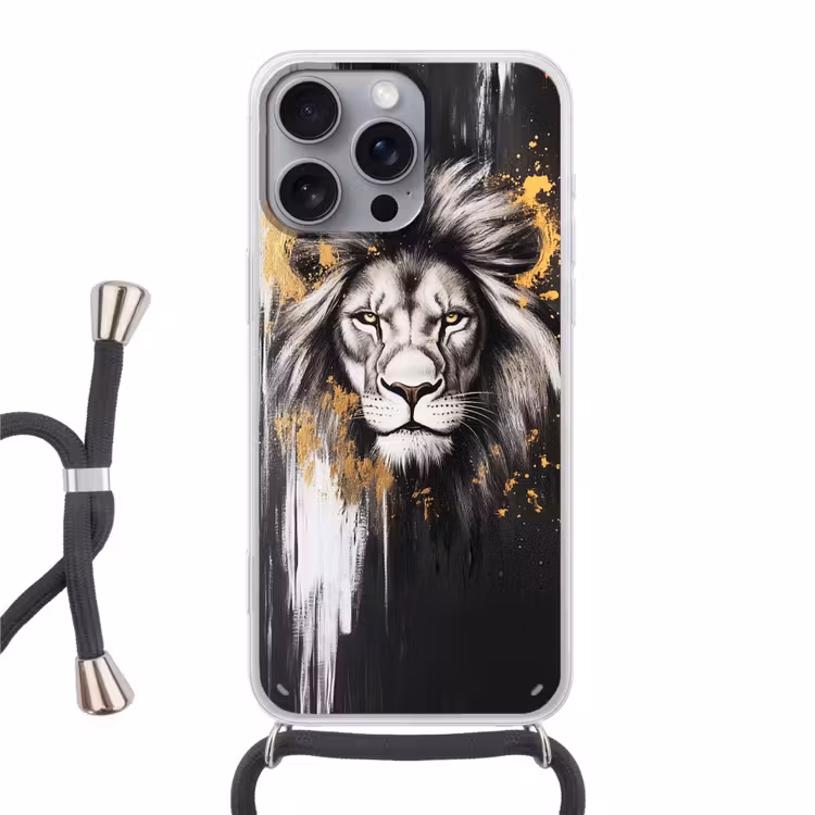 Leeuw - Portret - Verfspatten - Grijs Hoesje iPhone 16 Pro Max met koord klein -3d