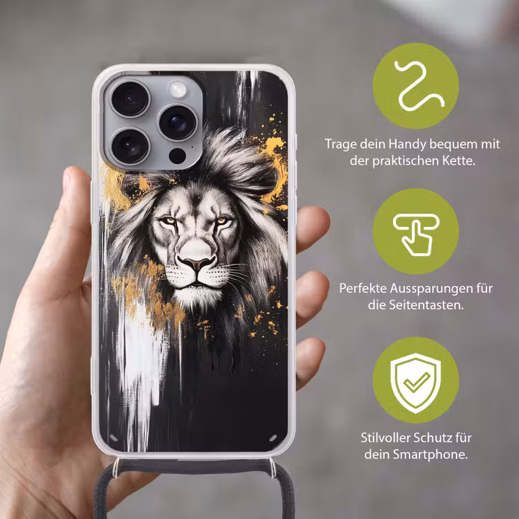 Leeuw - Portret - Verfspatten - Grijs Hoesje iPhone 16 Pro Max met koord klein -sfeer2_DE