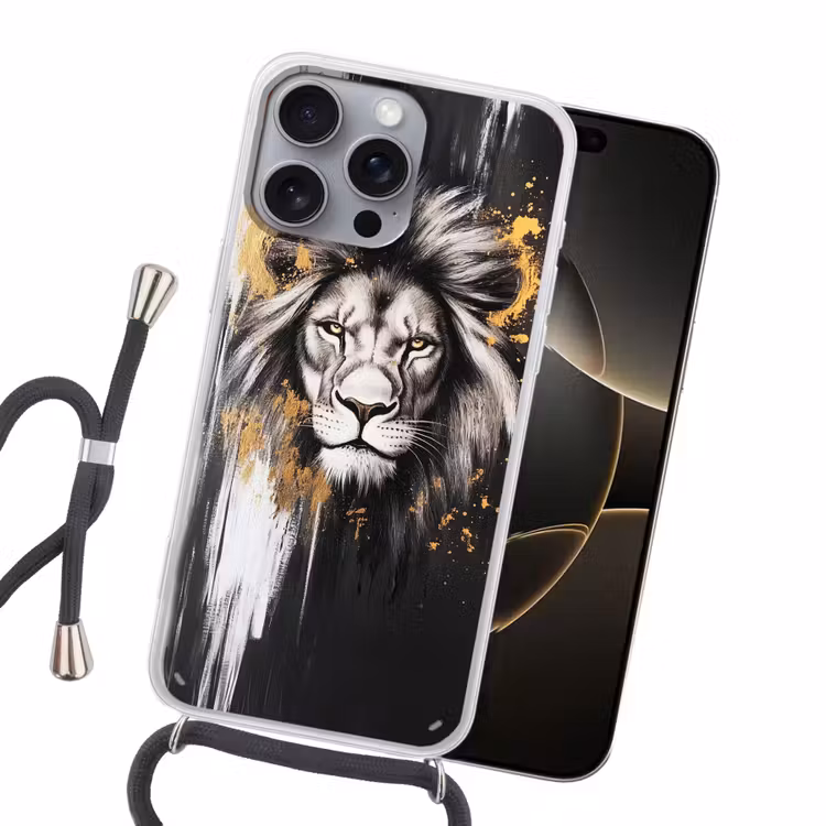 Leeuw - Portret - Verfspatten - Grijs Hoesje iPhone 16 Pro Max met koord klein -sfeer1