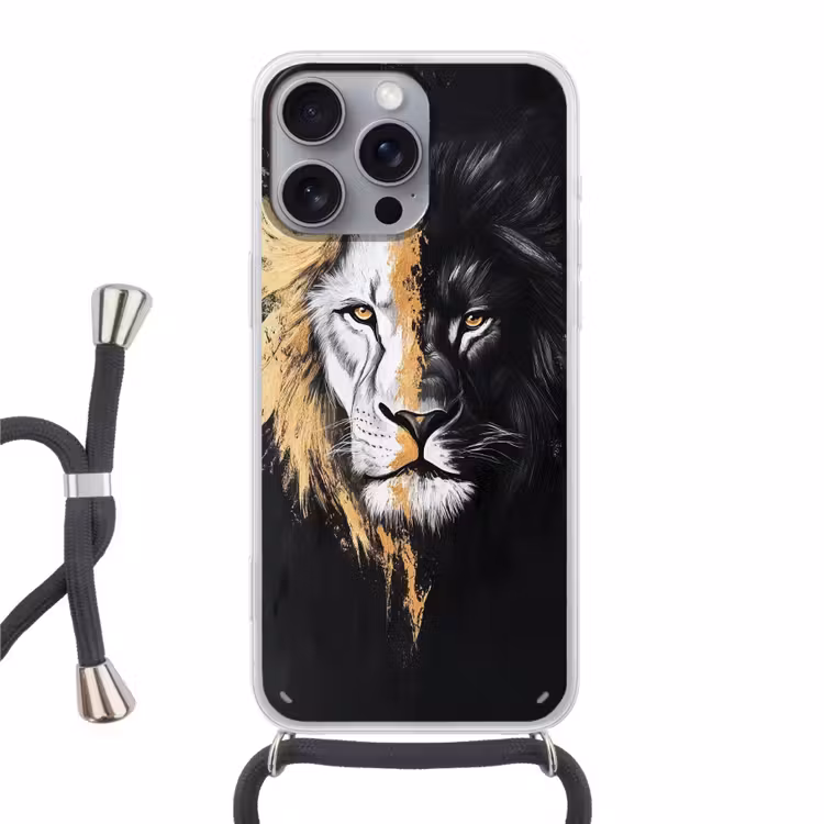 Leeuw - Gesplitst - Zwart - Lijn Hoesje iPhone 16 Pro Max met koord klein -3d