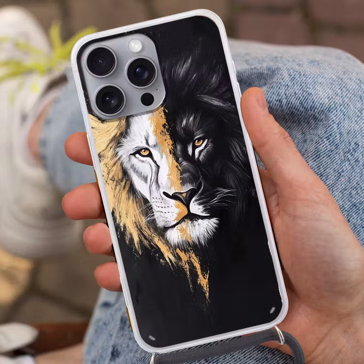 Leeuw - Gesplitst - Zwart - Lijn Hoesje iPhone 16 Pro Max met koord klein -sfeer3