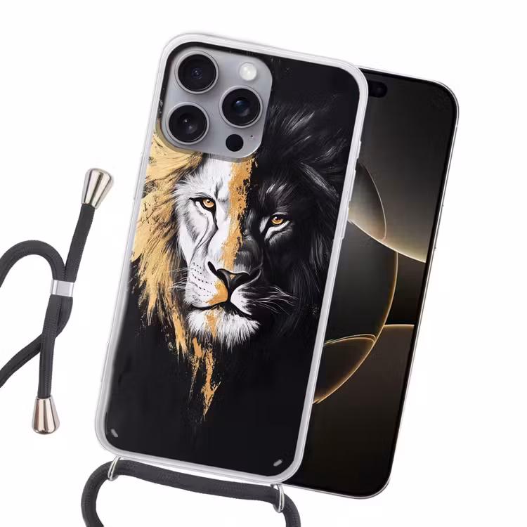 Leeuw - Gesplitst - Zwart - Lijn Hoesje iPhone 16 Pro Max met koord klein -sfeer1