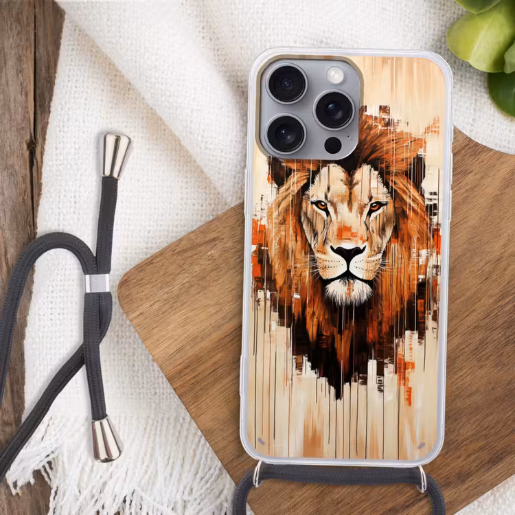 Leeuwenkop - Lijnen - Crème Hoesje iPhone 16 Pro Max met koord klein -sfeer4