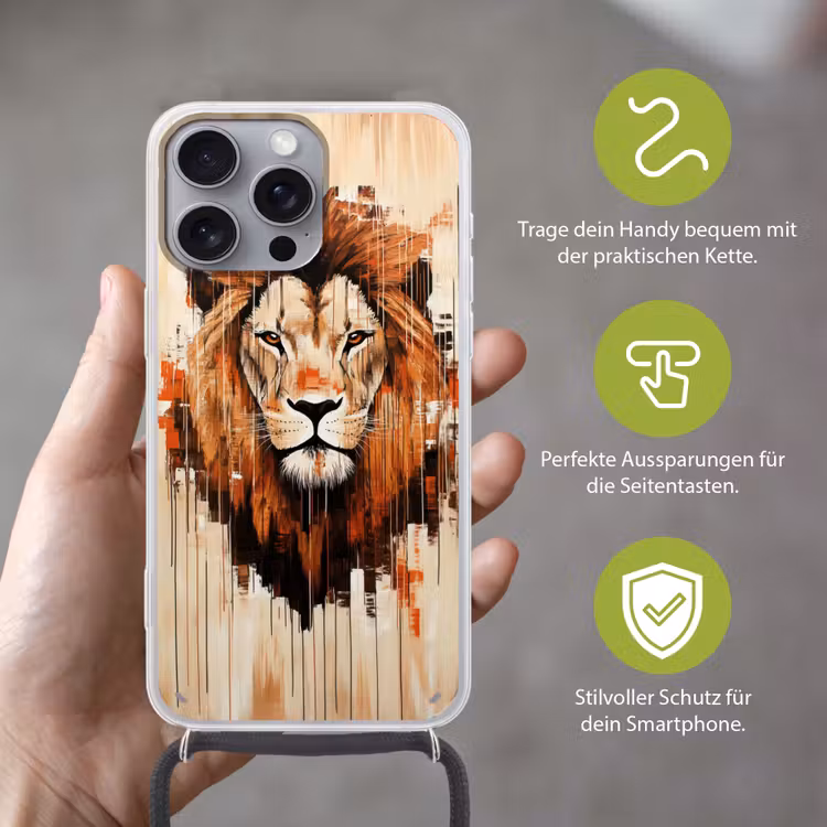 Leeuwenkop - Lijnen - Crème Hoesje iPhone 16 Pro Max met koord klein -sfeer2_DE