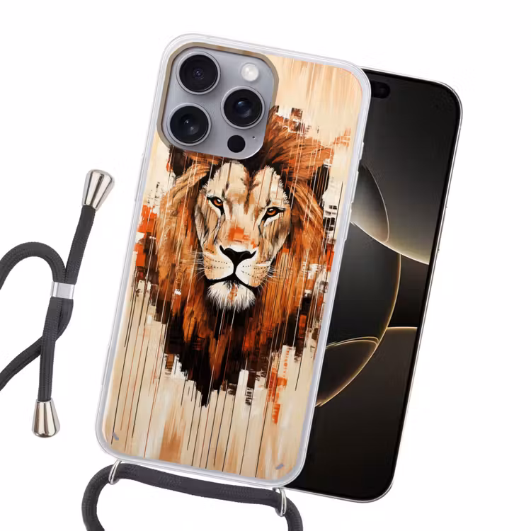 Leeuwenkop - Lijnen - Crème Hoesje iPhone 16 Pro Max met koord klein -sfeer1