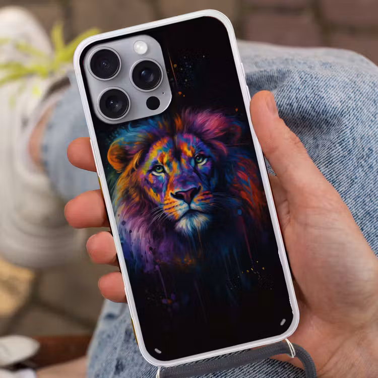 Leeuwenkop - Felgekleurd - Abstract Hoesje iPhone 16 Pro Max met koord klein -sfeer3