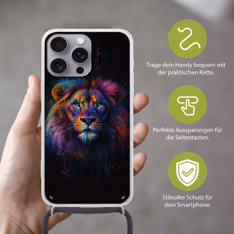 Leeuwenkop - Felgekleurd - Abstract Hoesje iPhone 16 Pro Max met koord klein -sfeer2_DE