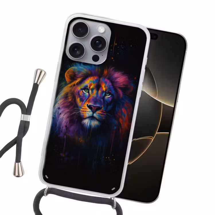 Leeuwenkop - Felgekleurd - Abstract Hoesje iPhone 16 Pro Max met koord klein -sfeer1
