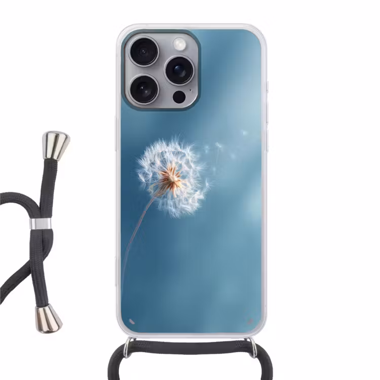 Paardenbloem - Wind - Blauw Hoesje iPhone 16 Pro Max met koord klein -3d