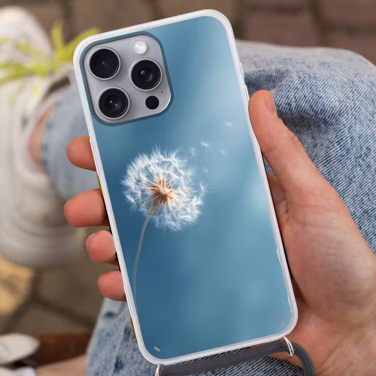 Paardenbloem - Wind - Blauw Hoesje iPhone 16 Pro Max met koord klein -sfeer3