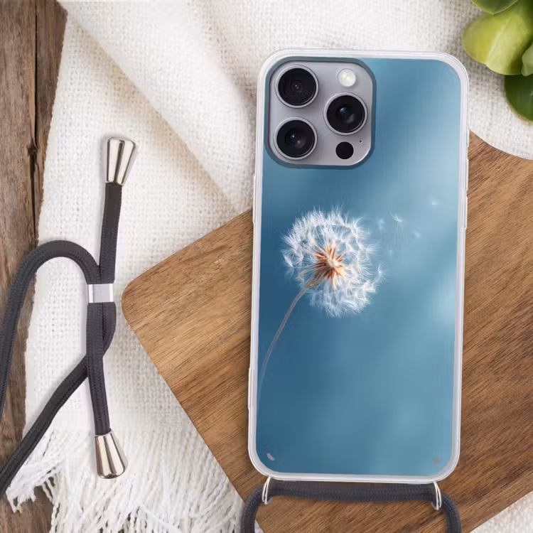Paardenbloem - Wind - Blauw Hoesje iPhone 16 Pro Max met koord klein -sfeer4