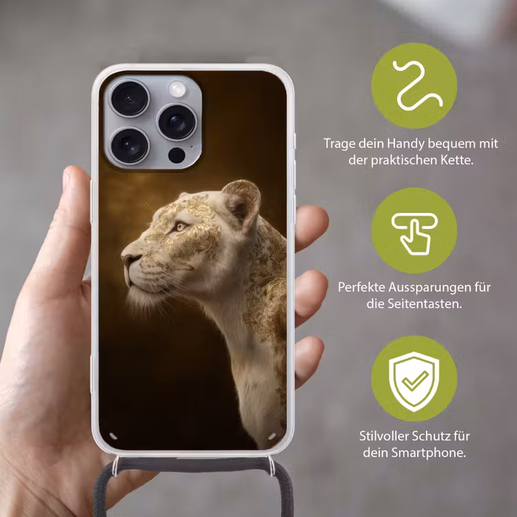 Leeuwin - Bloemen - Wit - Goud Hoesje iPhone 16 Pro Max met koord klein -sfeer2_DE