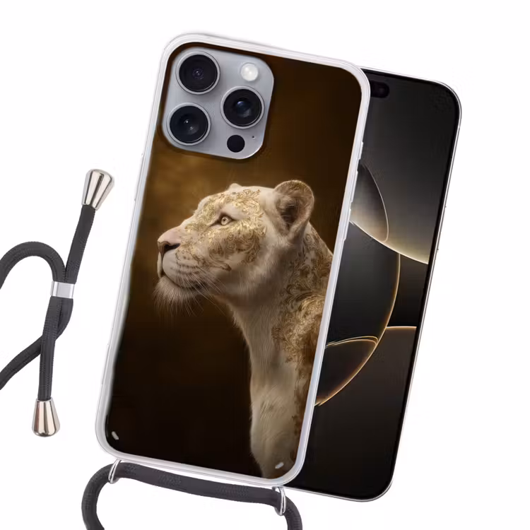 Leeuwin - Bloemen - Wit - Goud Hoesje iPhone 16 Pro Max met koord klein -sfeer1