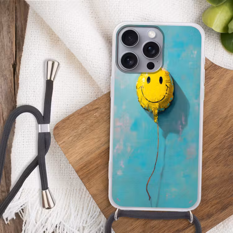 Ballon - Geel - Smiley Hoesje iPhone 16 Pro Max met koord klein -sfeer4