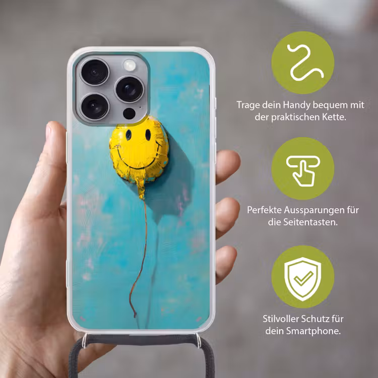 Ballon - Geel - Smiley Hoesje iPhone 16 Pro Max met koord klein -sfeer2_DE