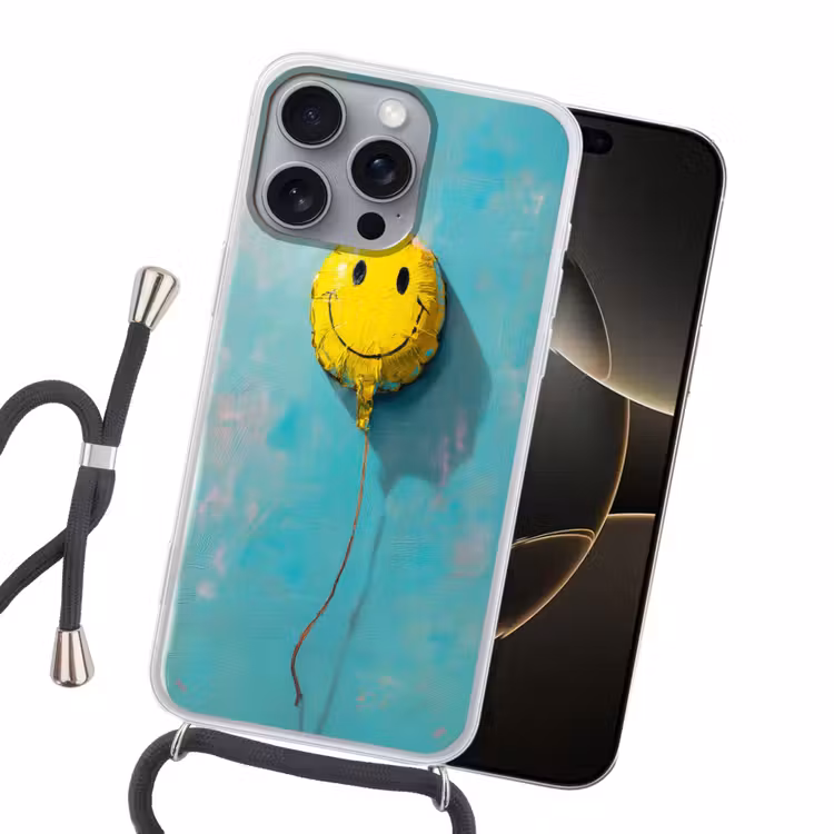 Ballon - Geel - Smiley Hoesje iPhone 16 Pro Max met koord klein -sfeer1