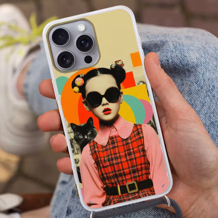 Meisje - Zonnebril - Kat - Retro Hoesje iPhone 16 Pro Max met koord klein -sfeer3