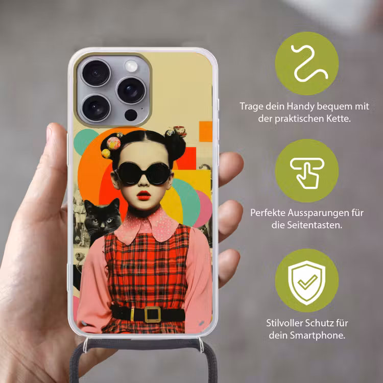 Meisje - Zonnebril - Kat - Retro Hoesje iPhone 16 Pro Max met koord klein -sfeer2_DE
