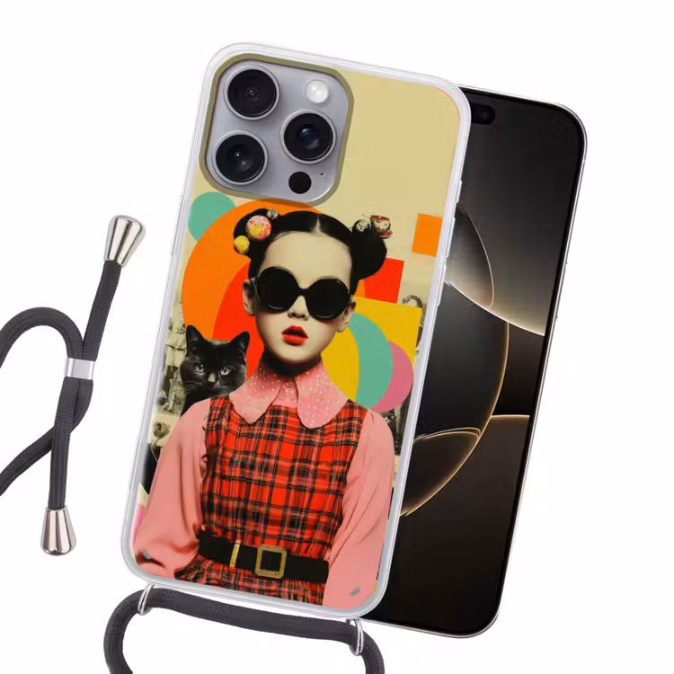 Meisje - Zonnebril - Kat - Retro Hoesje iPhone 16 Pro Max met koord klein -sfeer1