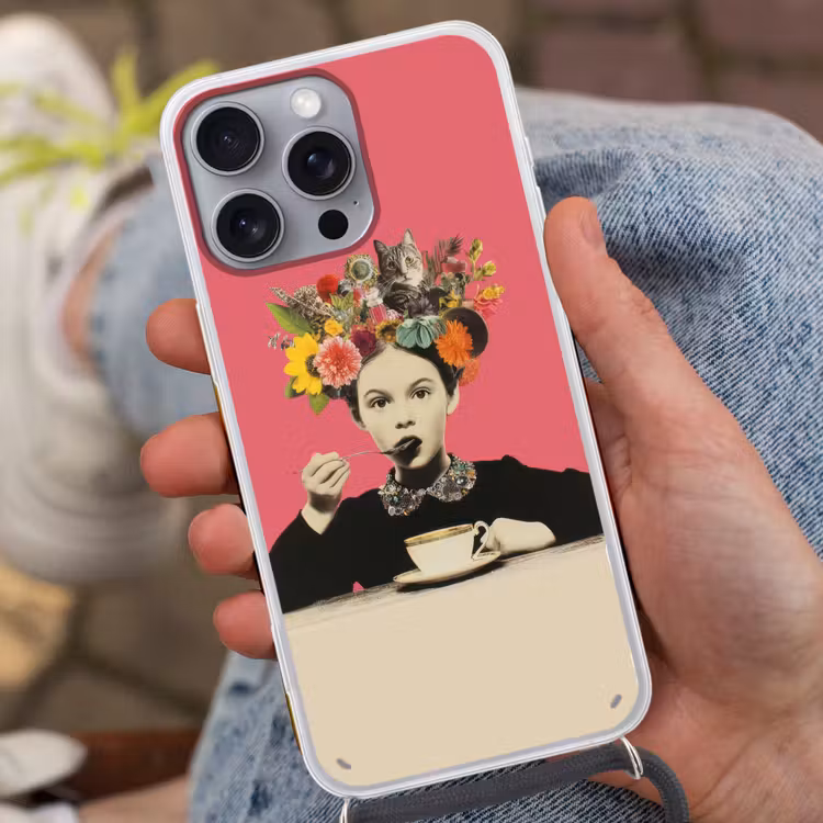 Meisje - Kopje - Bloemen - Roze Hoesje iPhone 16 Pro Max met koord klein -sfeer3