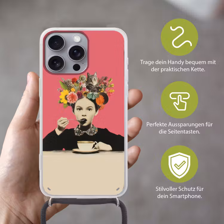 Meisje - Kopje - Bloemen - Roze Hoesje iPhone 16 Pro Max met koord klein -sfeer2_DE