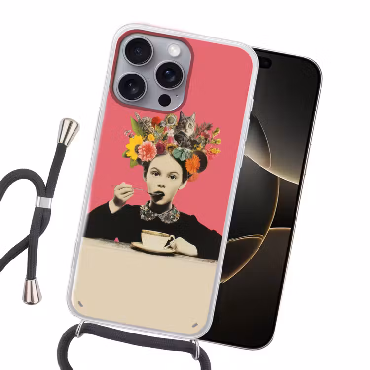 Meisje - Kopje - Bloemen - Roze Hoesje iPhone 16 Pro Max met koord klein -sfeer1