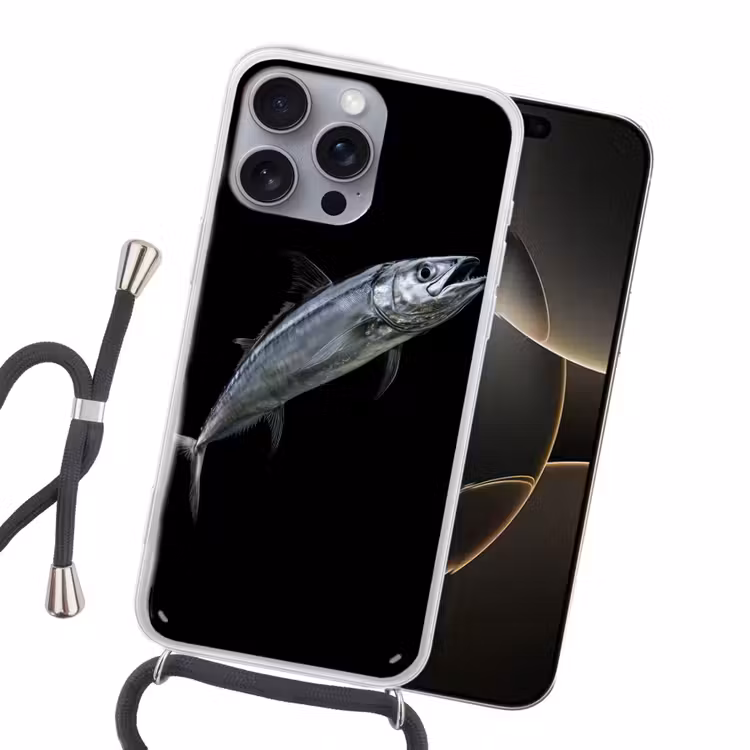 Makreel - Vis - Zwart Hoesje iPhone 16 Pro Max met koord klein -sfeer1