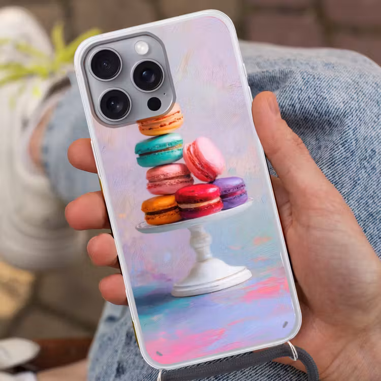 Macarons - Schaal - Pastel - Kleurrijk Hoesje iPhone 16 Pro Max met koord klein -sfeer3