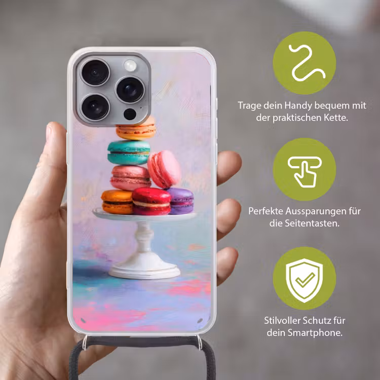 Macarons - Schaal - Pastel - Kleurrijk Hoesje iPhone 16 Pro Max met koord klein -sfeer2_DE