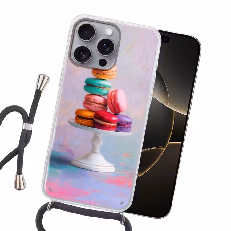 Macarons - Schaal - Pastel - Kleurrijk Hoesje iPhone 16 Pro Max met koord klein -sfeer1