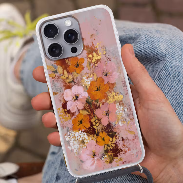 Schilderij - Bloemen - Rustiek - Roze Hoesje iPhone 16 Pro Max met koord klein -sfeer3