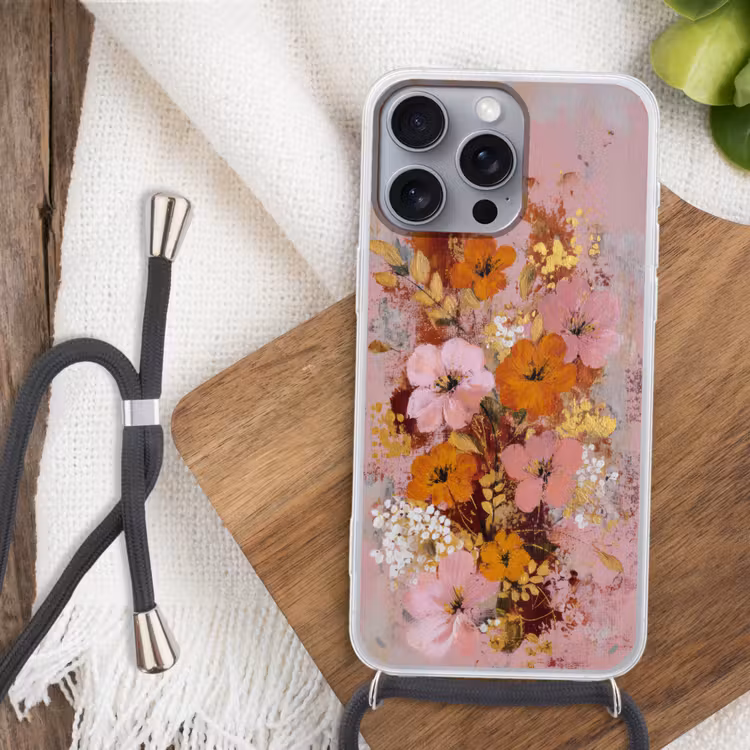 Schilderij - Bloemen - Rustiek - Roze Hoesje iPhone 16 Pro Max met koord klein -sfeer4