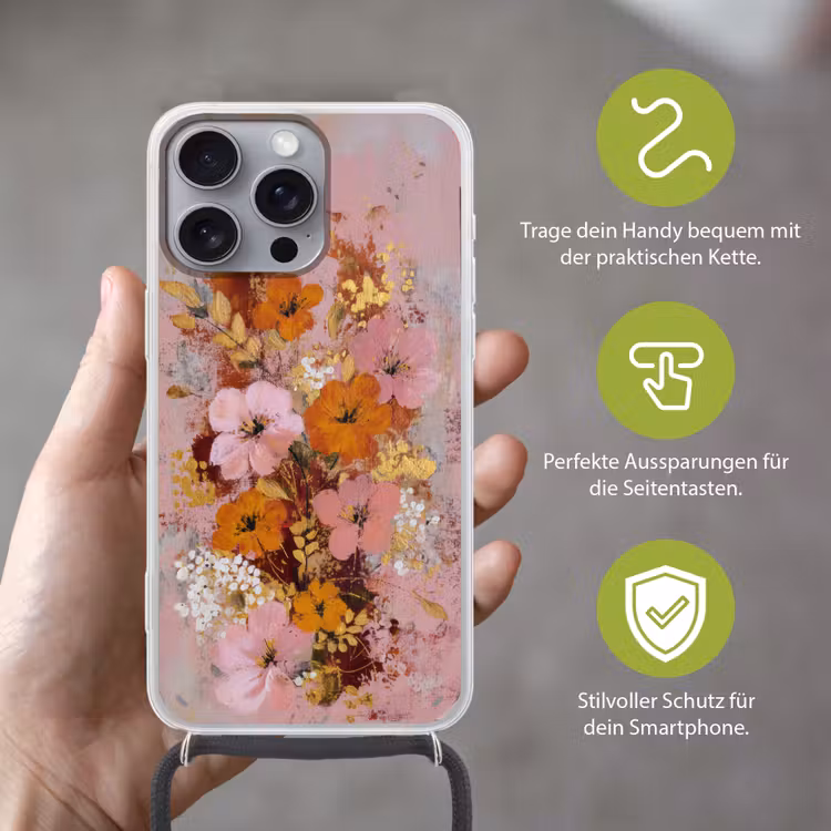 Schilderij - Bloemen - Rustiek - Roze Hoesje iPhone 16 Pro Max met koord klein -sfeer2_DE