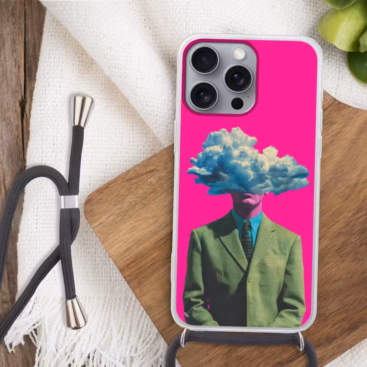 Man - Pak - Wolk - Roze Hoesje iPhone 16 Pro Max met koord klein -sfeer4
