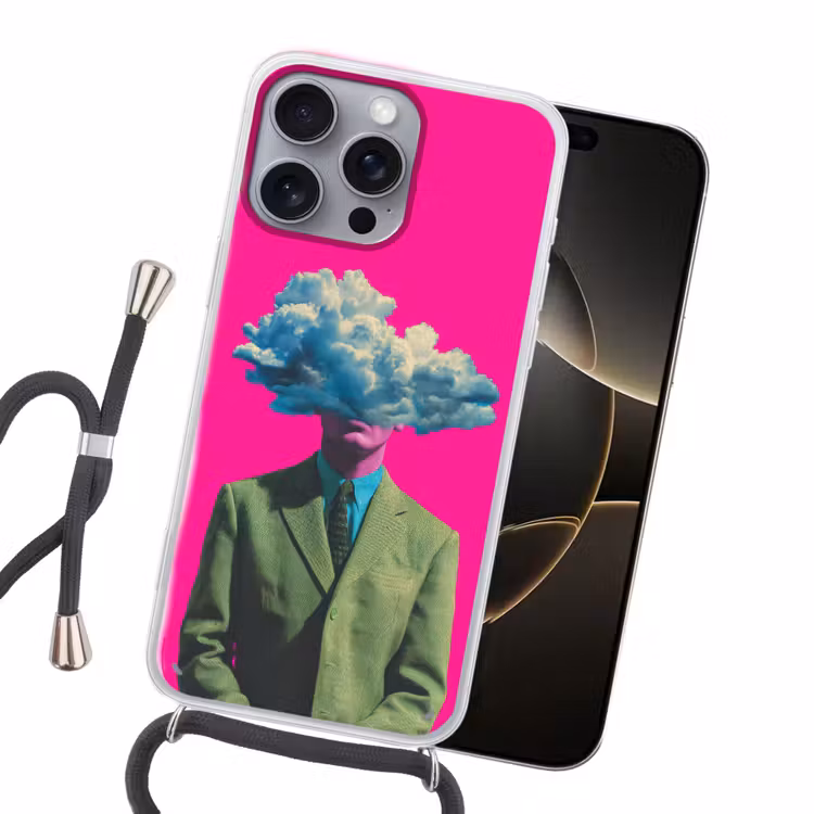 Man - Pak - Wolk - Roze Hoesje iPhone 16 Pro Max met koord klein -sfeer1
