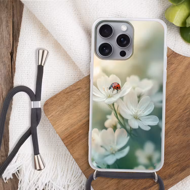 Lieveheersbeestje - Bloemen - Wit Hoesje iPhone 16 Pro Max met koord klein -sfeer4