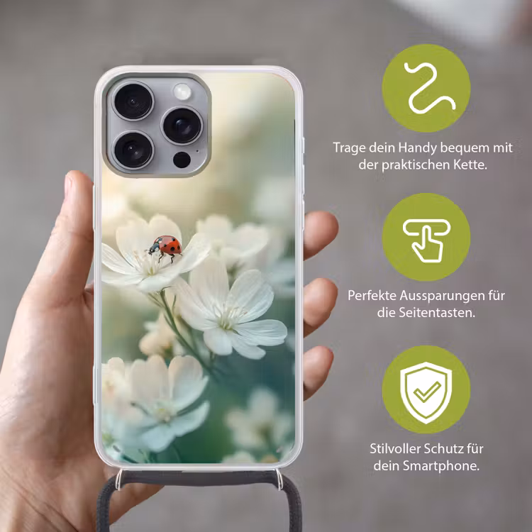 Lieveheersbeestje - Bloemen - Wit Hoesje iPhone 16 Pro Max met koord klein -sfeer2_DE