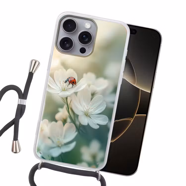 Lieveheersbeestje - Bloemen - Wit Hoesje iPhone 16 Pro Max met koord klein -sfeer1
