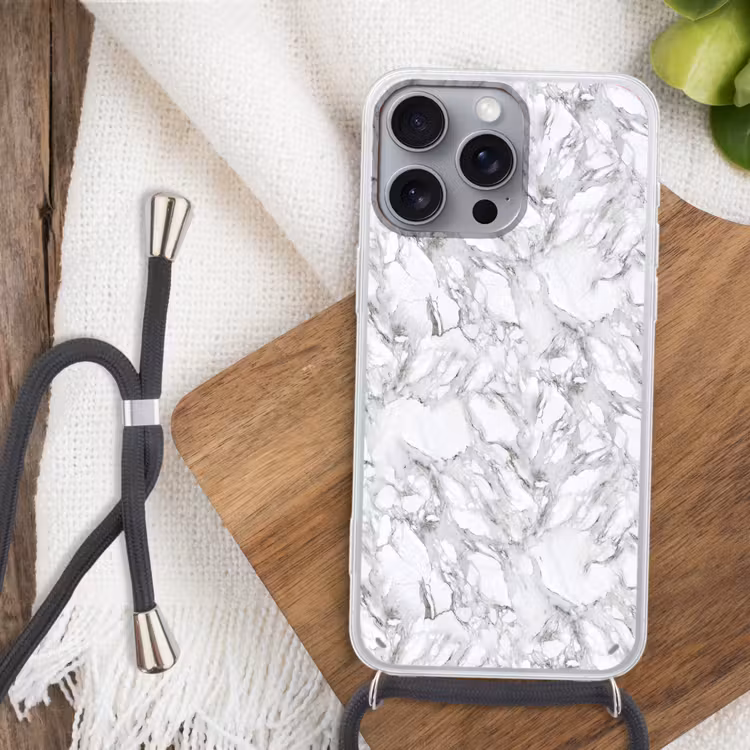 Marmer - Gelaagd - Brekend - Grijsstructuur Hoesje iPhone 16 Pro Max met koord klein 804 -sfeer4