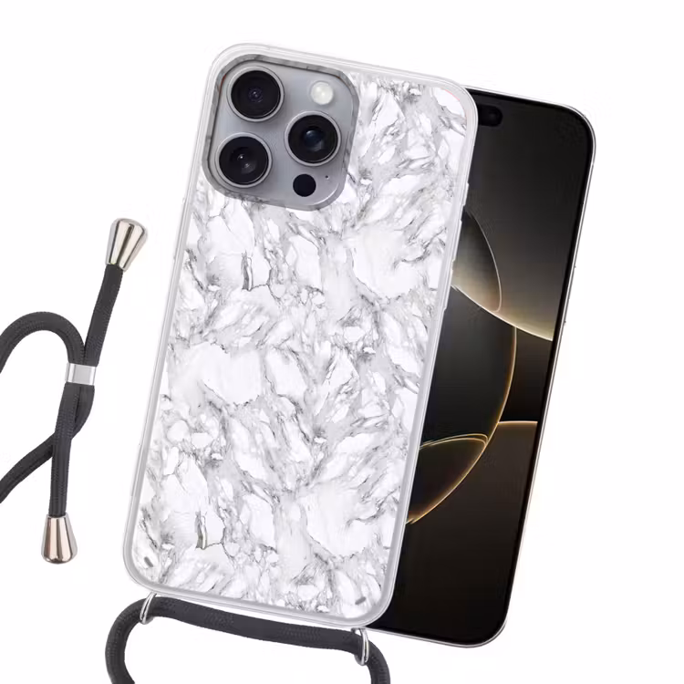 Marmer - Gelaagd - Brekend - Grijsstructuur Hoesje iPhone 16 Pro Max met koord klein 804 -sfeer1