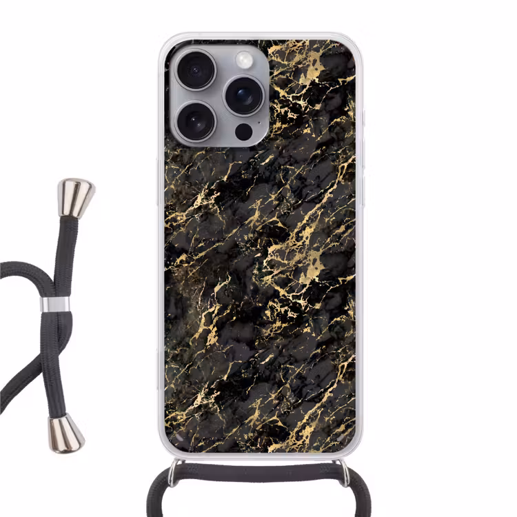 Marmer - Zwart - Goudstructuur Hoesje iPhone 16 Pro Max met koord klein 804 -3d